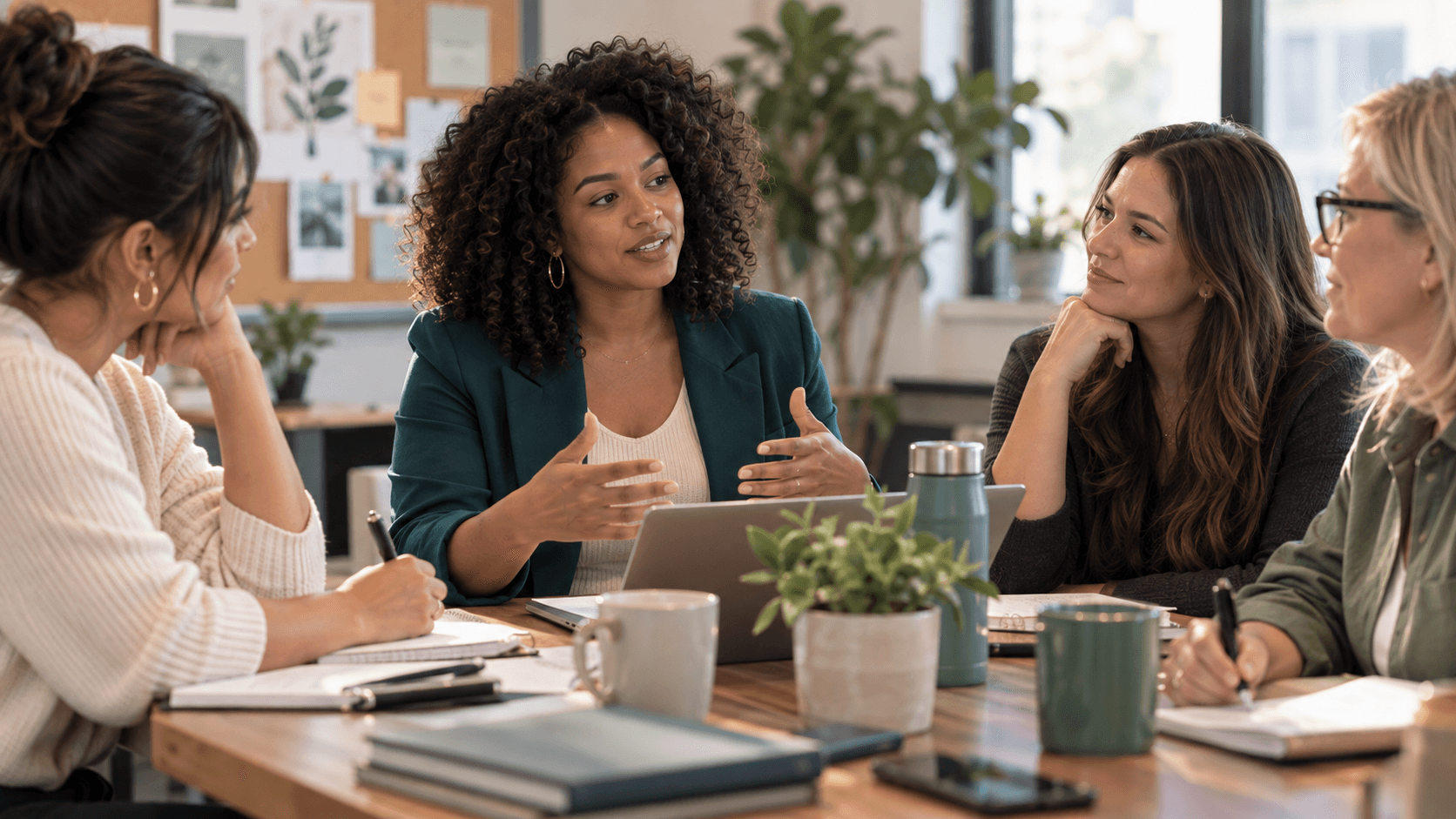 A young woman guiding a group discussion around a table