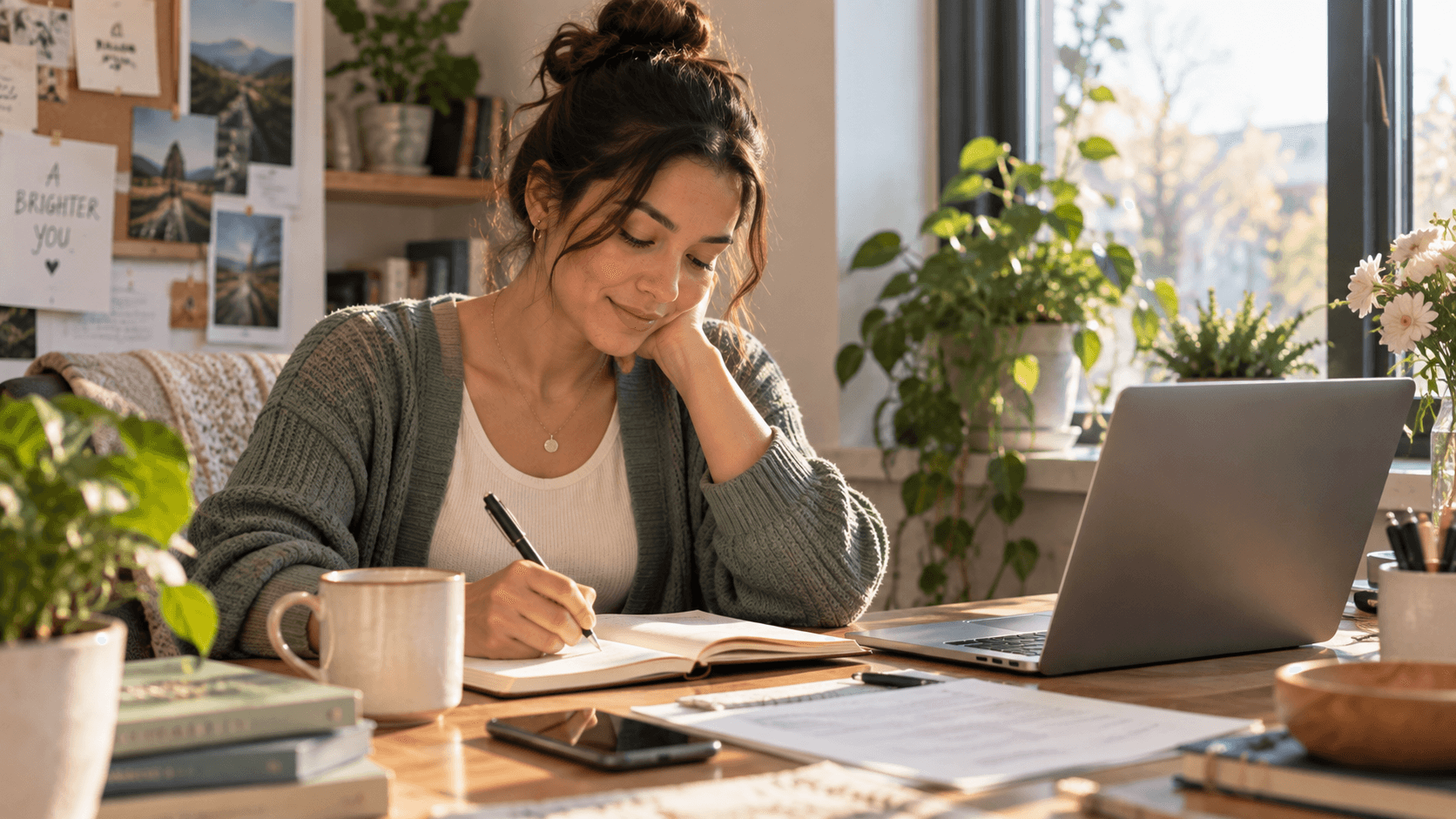 A young woman writing in a notebook beside her laptop in a sunlit workspace
