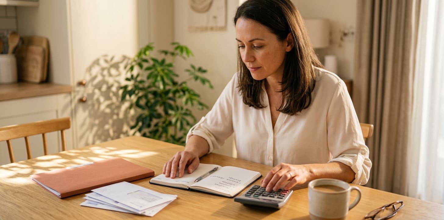A woman reviewing her budget with a planner and calculator