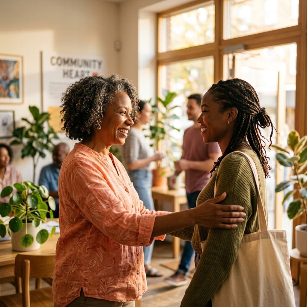 Two women greeting one another warmly in a sunlit community space